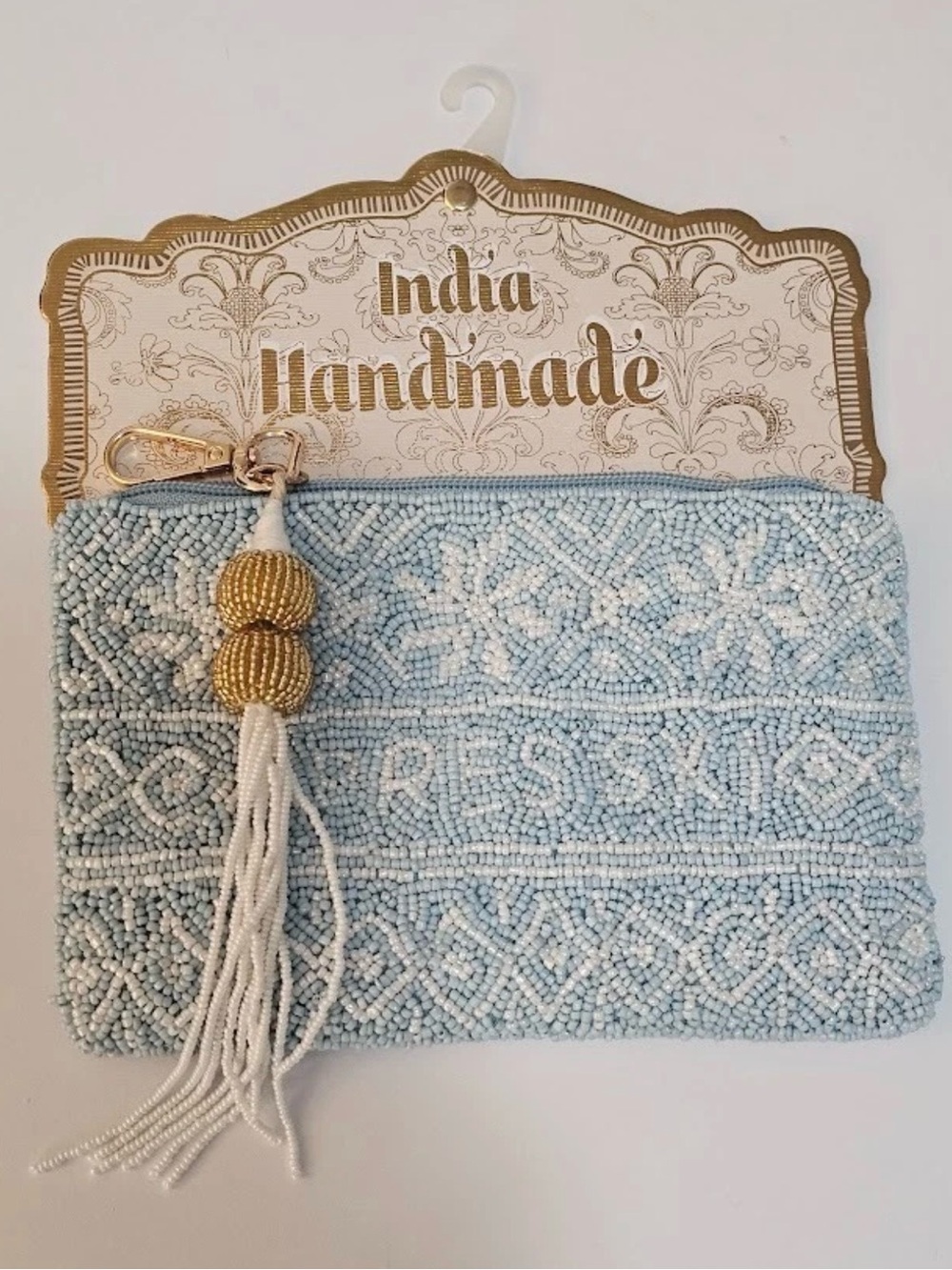 Light Blue Beaded Wristlet Pouch Tassel India Handmade Coin Purse Zipper Clutch